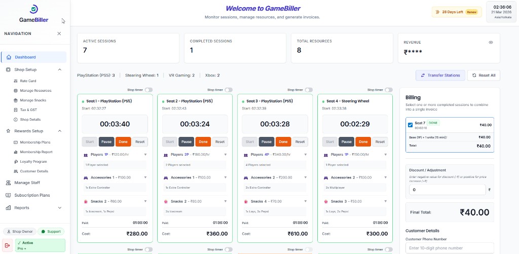 GameBiller live operations dashboard showing active gaming sessions, PS5 and Xbox stations, timers, and real-time billing
